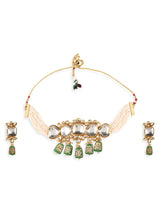 Gold Plated Green & White Kundan-Studded & Pearl Beaded Jewellery Set