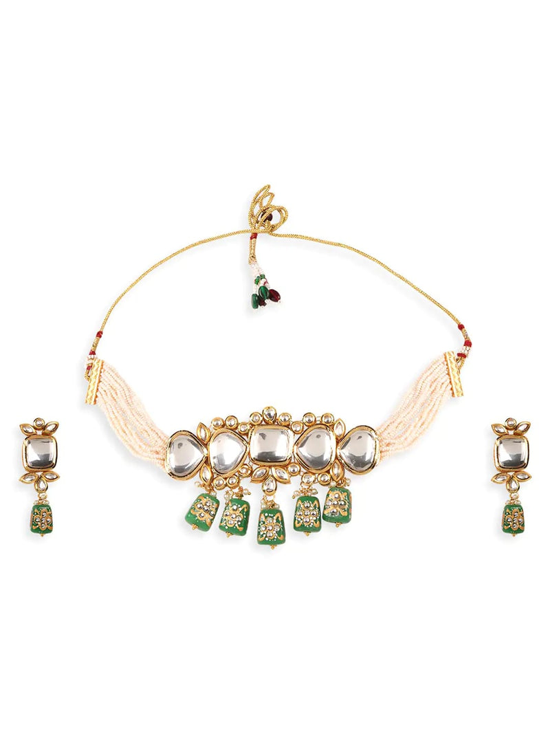 Gold Plated Green & White Kundan-Studded & Pearl Beaded Jewellery Set