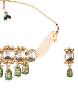Gold Plated Green & White Kundan-Studded & Pearl Beaded Jewellery Set