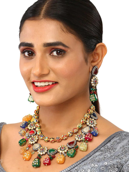 Gold Plated Kundan Layered Necklace With Earrings