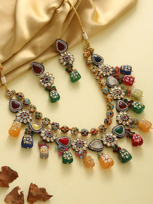 Gold Plated Kundan Layered Necklace With Earrings