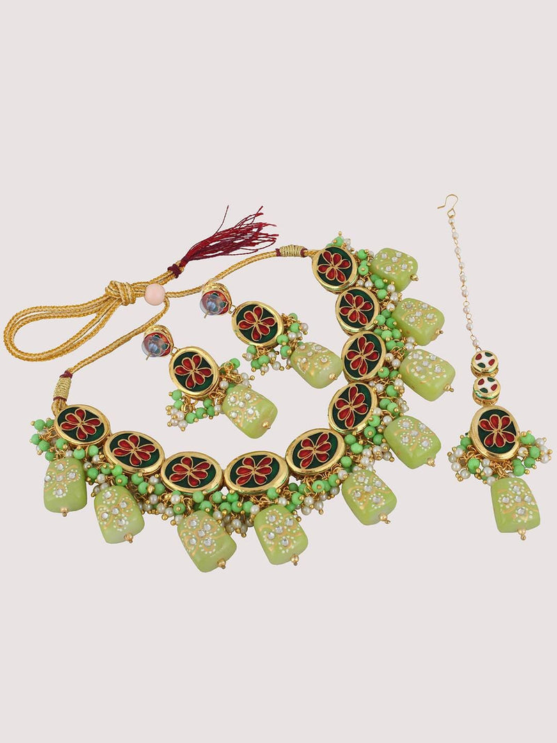 Gold Plated Kundan-Studded & Beaded Jewellery Set
