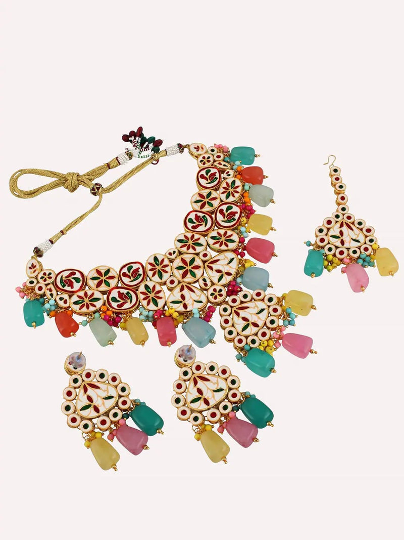 Gold-Plated Kundan-Studded & Pearls Beaded Necklace With Earrings & Maangtikka