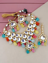 Gold-Plated Kundan-Studded & Pearls Beaded Necklace With Earrings & Maangtikka