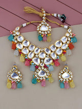 Gold-Plated Kundan-Studded & Pearls Beaded Necklace With Earrings & Maangtikka