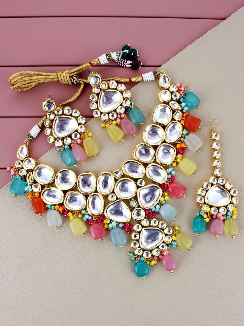 Gold-Plated Kundan-Studded & Pearls Beaded Necklace With Earrings & Maangtikka