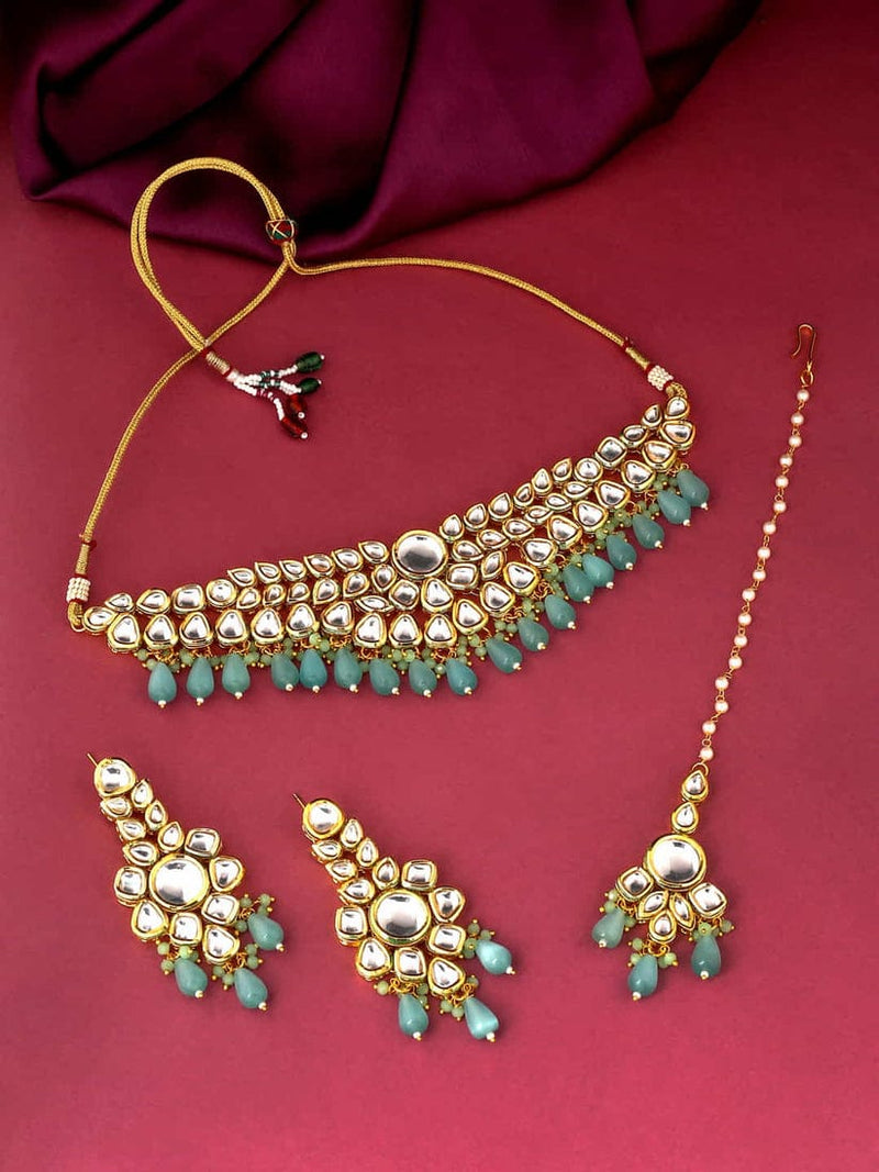 Gold Plated Bridal Kundan Necklace With Earrings & maangtika