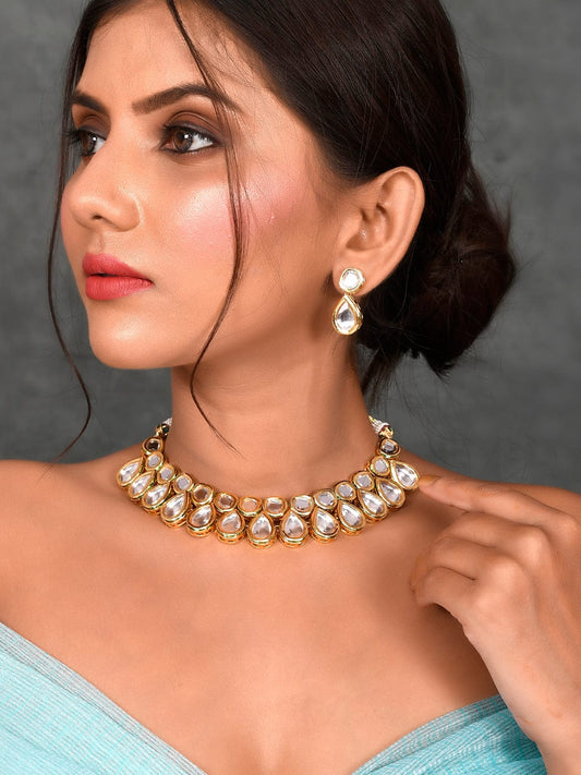 Gold-Plated Kundan Choker Necklace With Earrings