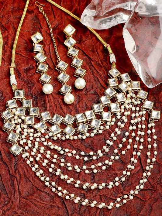 Gold Plated Pearl Chain Kundan Necklace With Earrings & Mangtikka