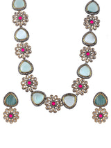 Gold Plated Green & White Kundan Studded Floral Necklace Set