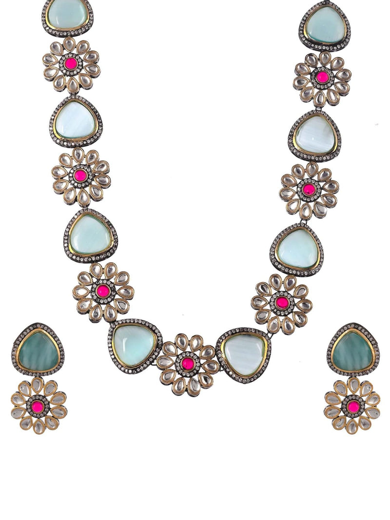Gold Plated Green & White Kundan Studded Floral Necklace Set