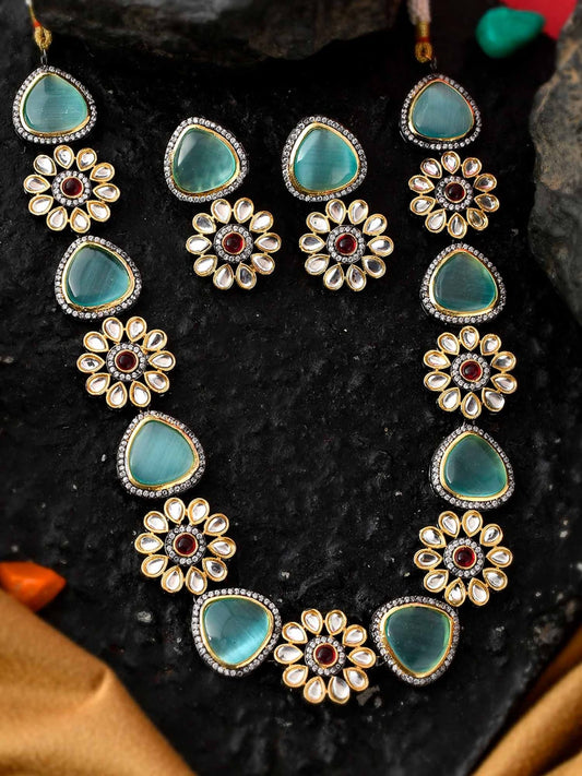 Gold Plated Green & White Kundan Studded Floral Necklace Set