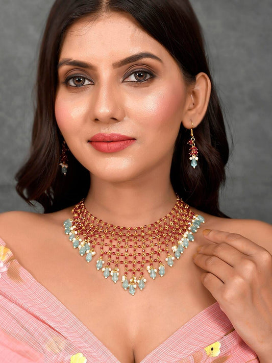 Gold-Plated Pink & Sea Green Kundan Studded & Beaded Jewellery Set