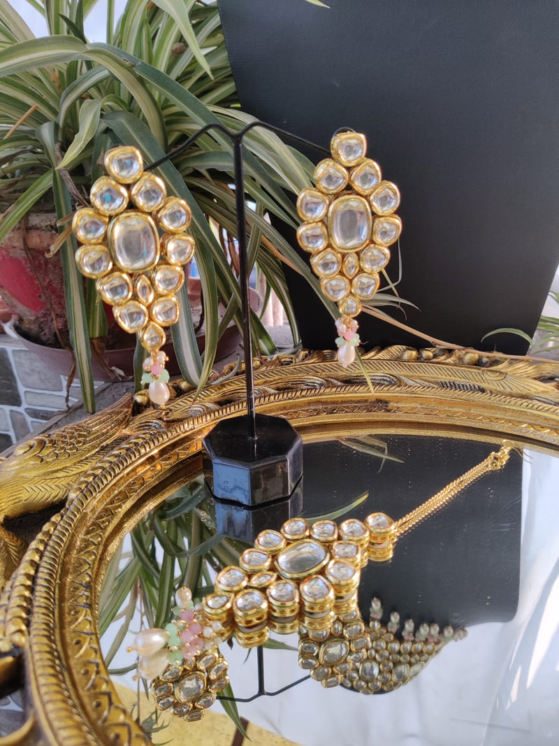 Gold Plated Polki Choker Necklace With Earrings & maangtikka