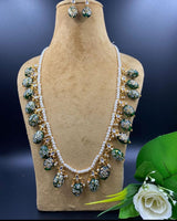 Wedding Wear Kundan Pearls Beads Painting Tumbled Mala Gold Plated Earring