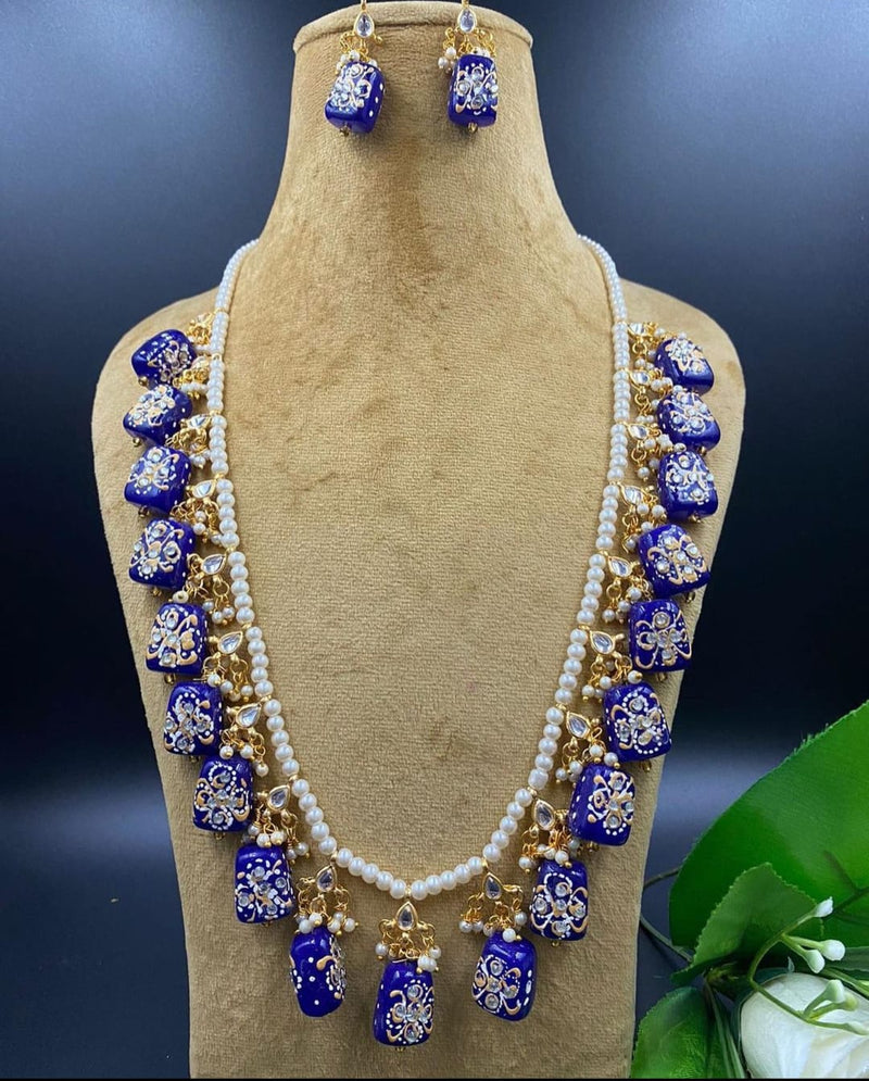 Wedding Wear Kundan Pearls Beads Painting Tumbled Mala Gold Plated Earring