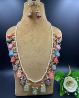 Wedding Wear Kundan Pearls Beads Painting Tumbled Mala Gold Plated Earring