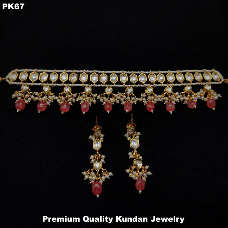 Gold Plated AD & Pearl Red Necklace With Earrings