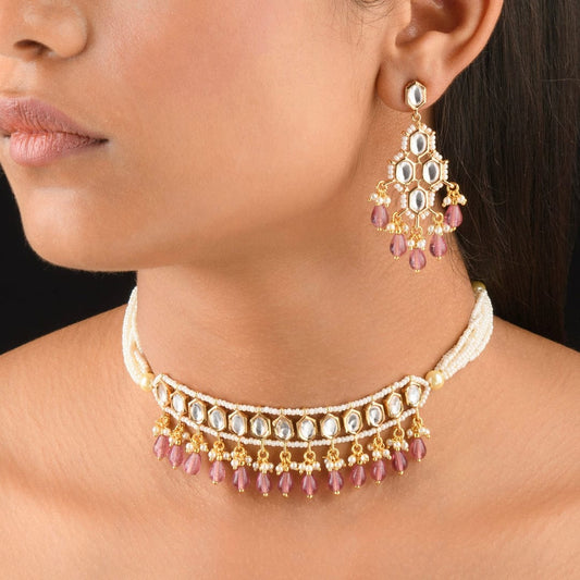 Gold Plated Pearl and Polki Choker Nacklace With Earrings