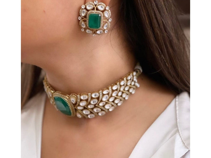 Gold Plated Stones Studded & Beaded Jewellery Set