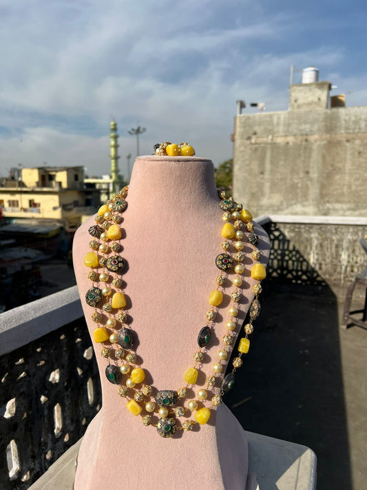 Gold Plated Stone Studded & Beaded Necklace With Earrings