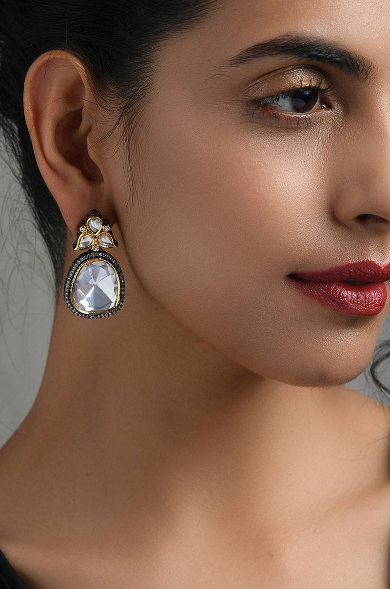 Polki Diamond Stud Earrings, Gold Plated Polki Studs Earrings, Pave Diamond Earrings Black Rhodium Earrings